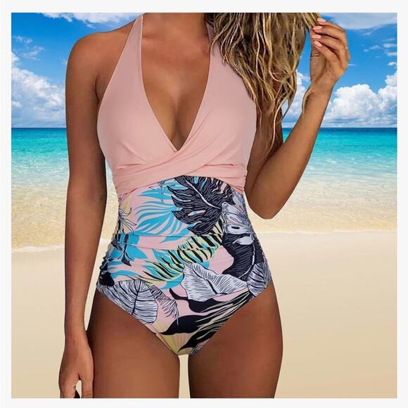 Tropical One-Piece Swimsuit tummy control swimsuits - Picture 1 of 5